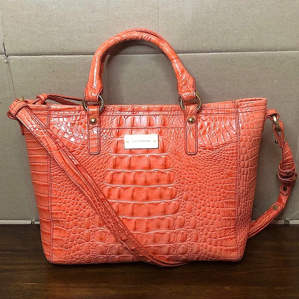 BRAHMIN Croc Embossed Leather Rolled Top Handle Tangerine Satchel Shoulder Bag